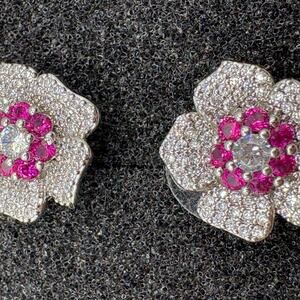 Sterling Silver Magenta Floral Stud Earrings - Rhodium Plated Cluster